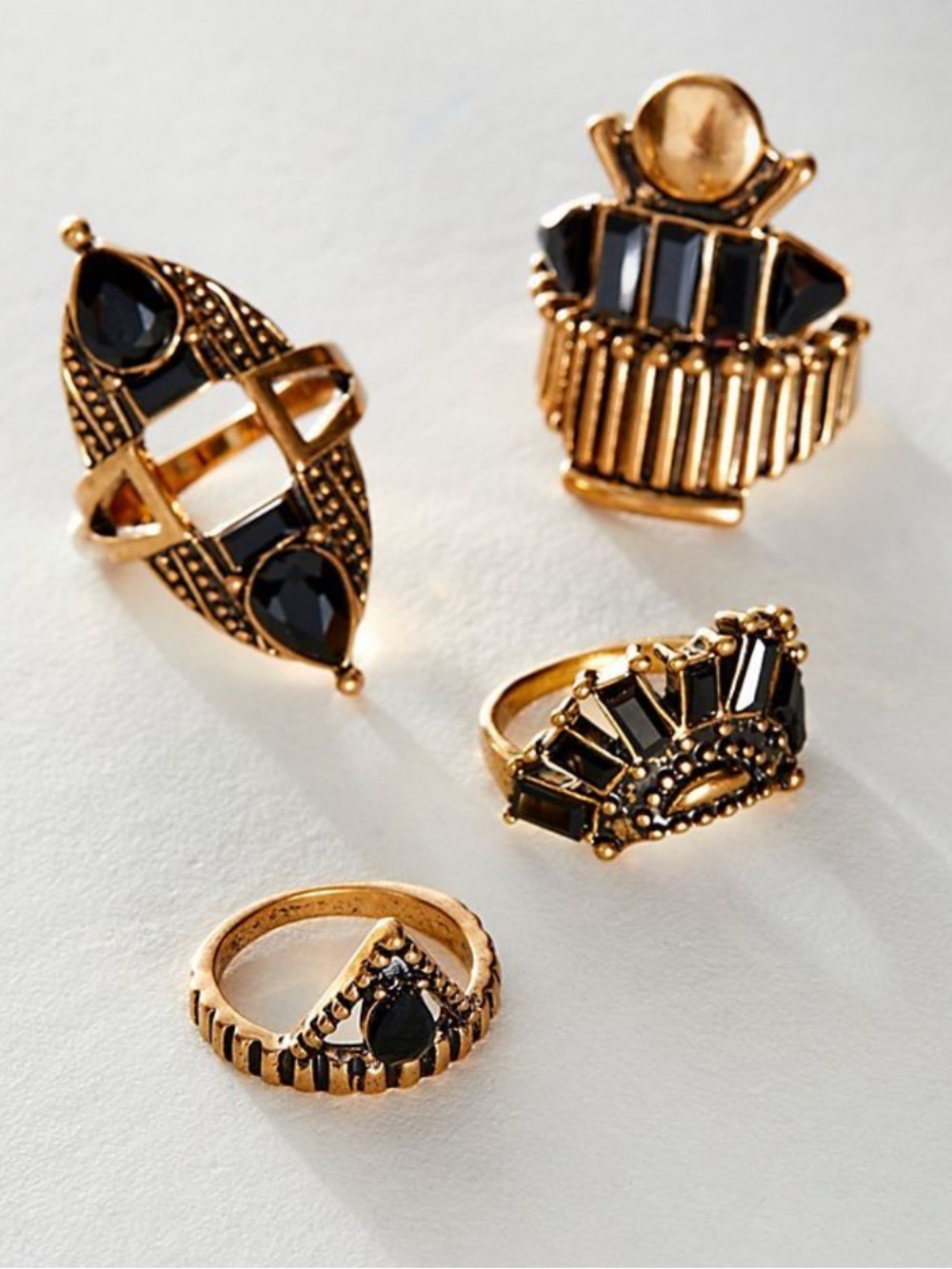 Free People Rhapsody Black and Gold Toned 4 Ring Set NWOT Sizes 5, 6, 7, 8